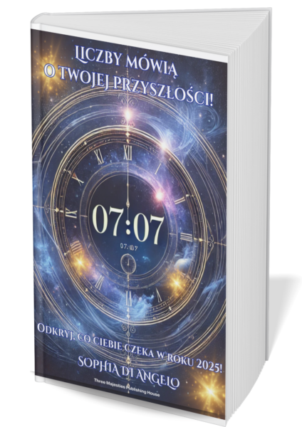 Książka Liczby Mówią w odcieniach fioletu i błękitu, z cyframi 07:07 na okładce, stoi otwarta przed czytelnikiem.